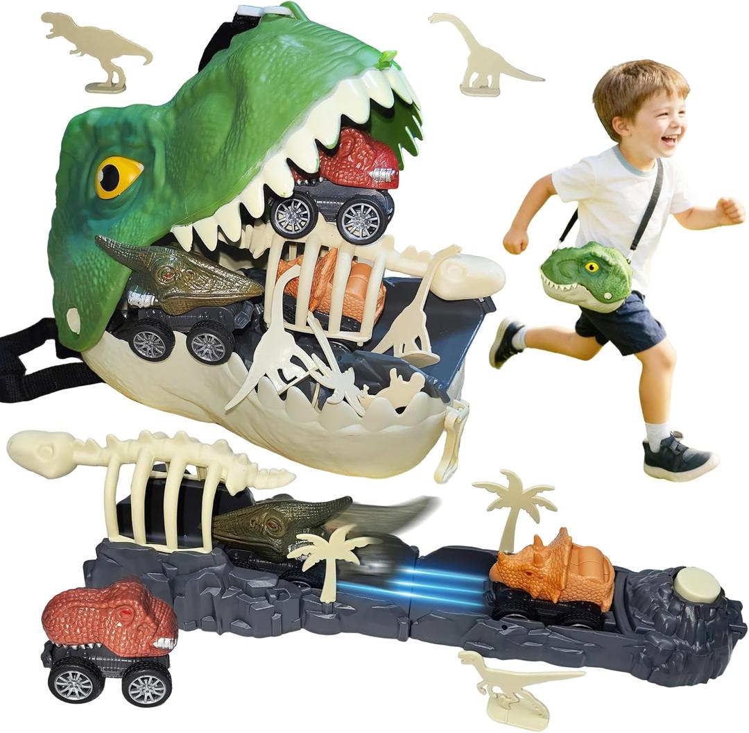 Dinosaur Launch Tracks Toys with Rolling Wheels & Storage Box & Shoulder Bag, 3-in-1 Toy Set for Kids 3+, Cool Dinosaur Car Playset for Toddler Boys & Girls' Festival Gift (Tyrannosaurus rex)