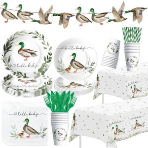 Mallard Duck Baby Shower Decorations, Duck Hunting Baby Shower Party Supplies, Paper Plate, Napkin, Cup, Tablecloth, Banner, Cutlery, Serves 24