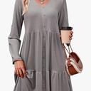 Dokotoo Fall Dresses for Women 2025 V Neck Button Up Long Sleeve Empire Waist Ruffle Tiered Mini Dress with Pockets,Grey, L