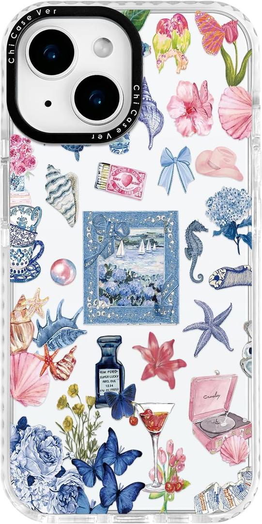 for iPhone 14 Plus Case, Vintage Coastal Collage Pattern with Shells & Teacups, Military-Grade Drop Protection, Glossy Elegant Soft Slim TPU Protective & Camera Protection for Girls (SunflowerCut)