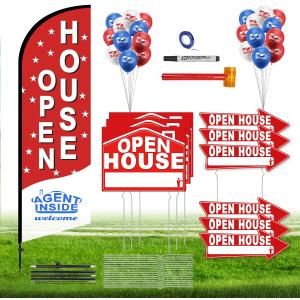 56 Piece Open House Signs for Real Estate Kit, 1 Open House Flag, 9 Double-Sided Estate Sale Arrows and Signs with Metal Stakes, Plus 24 Balloons, Suitable for Real Estate Brokerage Supplies (red)