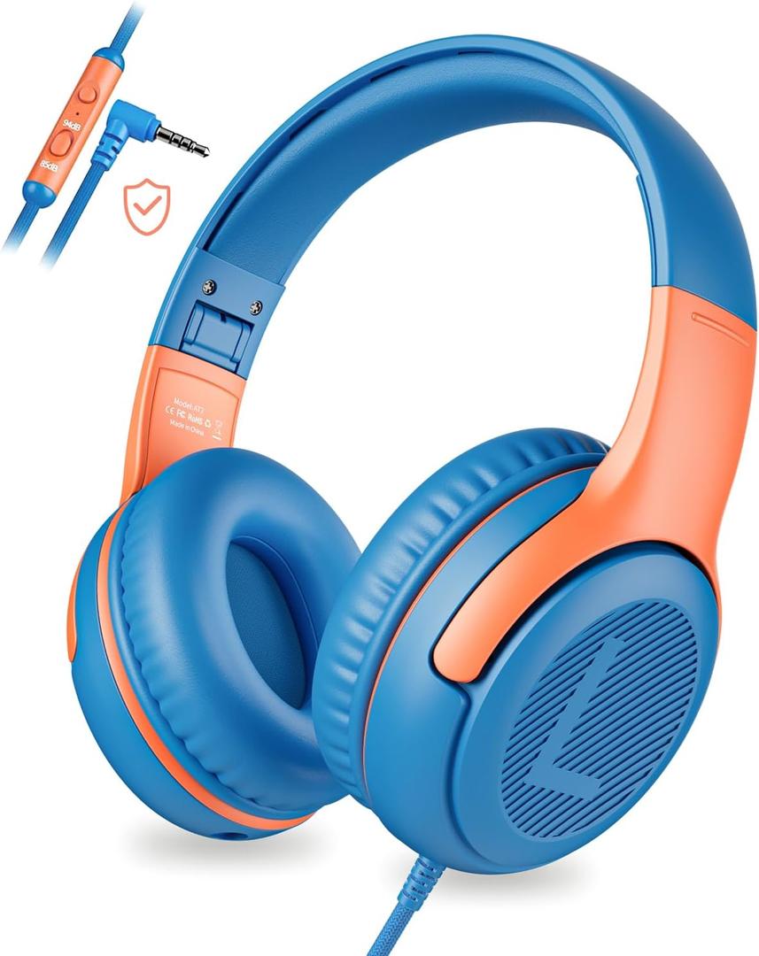 Kids Headphones Wired Toddler Headphones with Microphone, Over-Ear Headphones, 85/94dB Volume-Limiting, 3.5mm Jack, Foldable On-Ear Design - Safe & Comfortable for Learning & Entertainment (Blue/Orange)