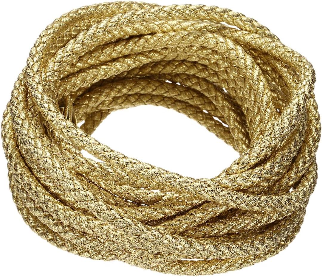 M METERXITY Round Braided Leather Cord, 5 Yards 5mm Six-Strand Faux Beading String Rope Bolo Tie 5 Meters Long for Jewelry Making/DIY Crafts, String Macrame Bracelet Thread [Gold]