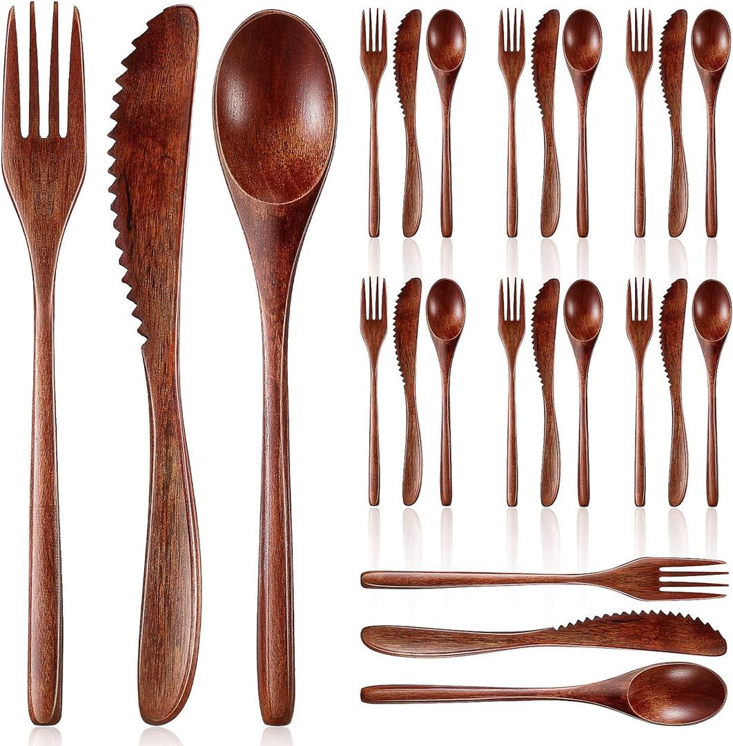 Geiserailie 24 Pcs Wooden Utensils for Eating Wooden Spoon Fork Knife Cutlery Set Kitchen Wood Dinner Flatware Tableware Set Includes Spoon, Fork, Knife