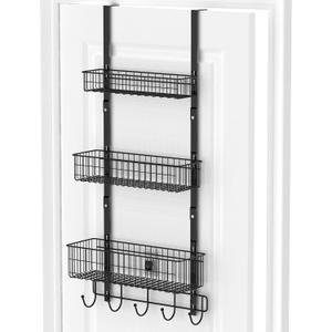 YBING Over The Door Organizer with Hooks 3 Tier Back Towel Hanger Baskets Metal Behind Hanging Storage Shelf Pantry Racks for Bedroom Bathroom Black, R01-R984