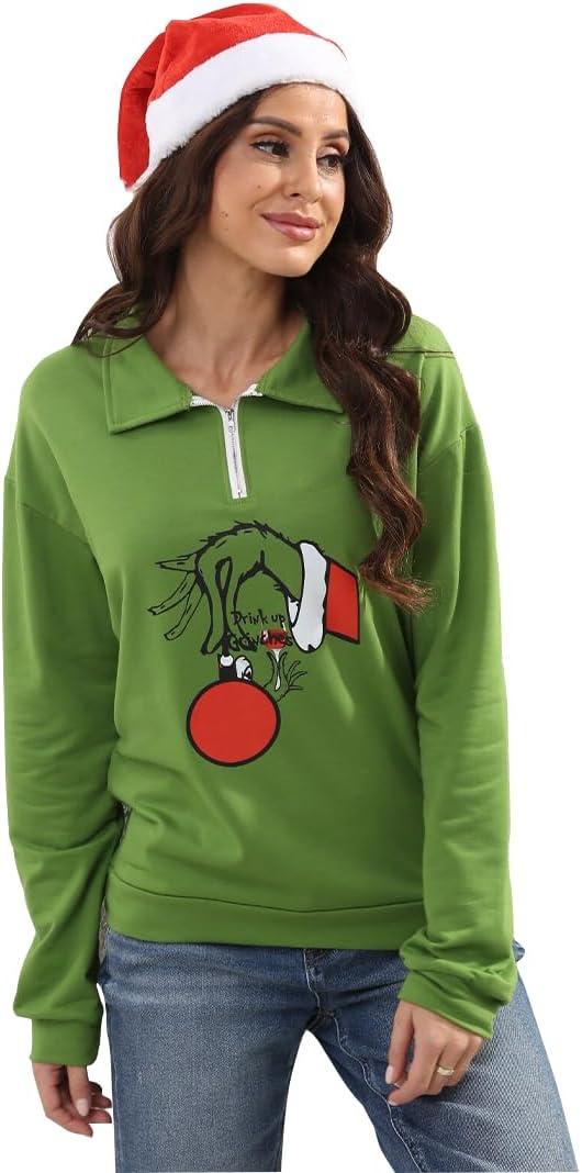 New Pullover Ugly Christmas Sweaters Cartoon Character Green Monster Print Unisex Sweatshirt with Christmas Hat (Medium)