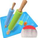 Ewinever 1Set Rolling Pin Pastry Mat Set Non-Stick 6 in 1 Dough Roller Baking Kit with Pastry Cutter Reusable Kneading Mat Scraper Basting Brush