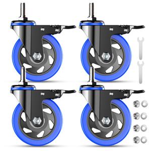 4 Inch Caster Wheels Heavy Duty Stem Caster 2000Lbs, Threaded Stem Casters 3/8"-16 x 1(Stem Diameter 3/8", Stem Length 1"), Swviel Locking Caster Set of 4, Industrial Castor Wheels for Cart, Furniture, Blu