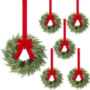12 Pcs Small Christmas Norfolk Wreaths 15 Inch Christmas Kitchen Cabinet Mini Wreath with Bow Ribbon Cedar Berry for Xmas Front Door Window Chair Fireplace Table Pillar Farmhouse