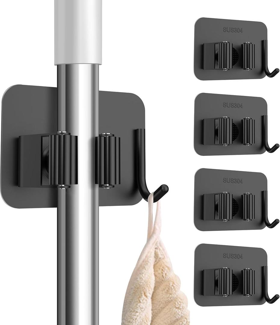 Nacena 4 Pack No Drill Self Adhesive Broom Mop Holder Wall Mount with Hooks, Heavy Duty Stainless Steel Organizer for Kitchen Bathroom Garage Storage, Black