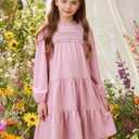 Sunny Spirit Girl's Long Sleeve Dress Tween Fall Formal Party Midi Tiered Flowy Swing Dresses 5-14 Year (Pink)