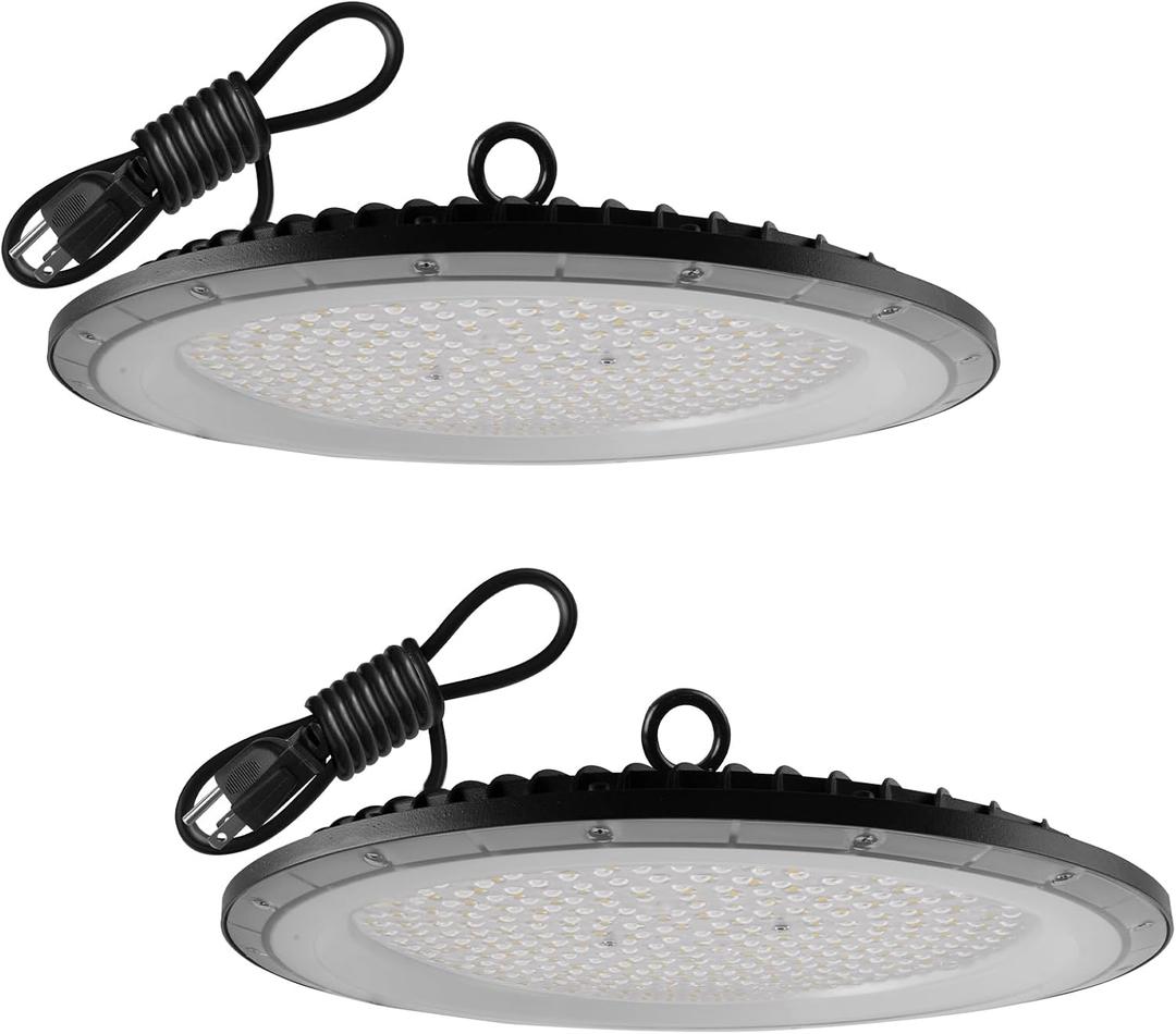 2 Pack UFO LED High Bay Light, 6500K 200W, Black, 21000 LM, IP65 Waterproof, Industrial, High Bay LED Shop Lights
