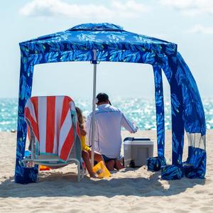 AMMSUN Beach Cabana, 6.2'6.2' Beach Canopy, Easy Set up and Take Down, Cabana Tent with Sand Pockets, Instant Sun Shade with Side Wall, Blue Paint (Coral Tropical)