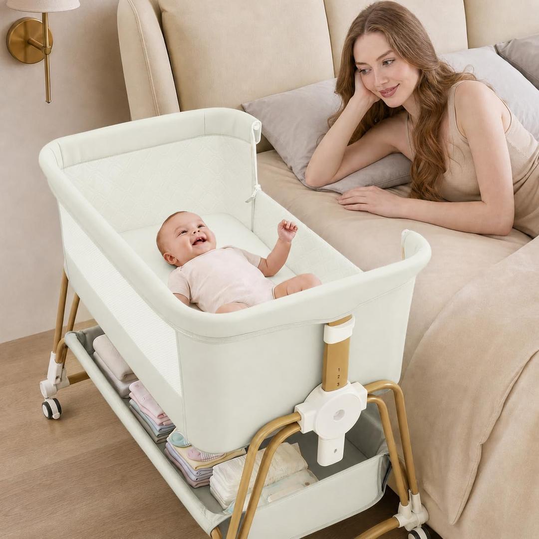 suihuooo 4-in-1 Baby Bassinet, Portable Bassinet Bedside Sleeper with Wheels and Storage Basket, 7 Height Adjustable Breathable Mesh Rocking Bassinet with Mosquito Net for Newborn-White