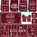 10 Pcs Christmas Kitchen Set, 4 Red and Black Plaid Kitchen Dish Towels 2 Farmhouse Pot Holders 2 Buffalo Check Oven Mitts Glove Rustic Non Slip Rugs and Mats for Home Decorations Christmas Mom Gifts