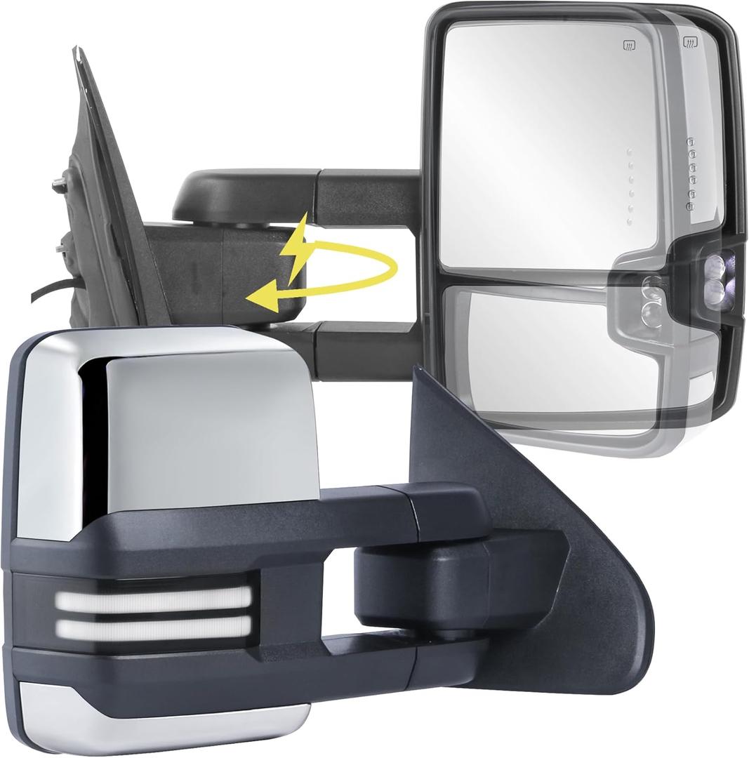 2PCS Power Folding Towing Mirrors Compatible for 14-18 Chevy Silverado/GMC Sierra 1500 2500 3500 Power Heated w/White DRL - Chrome