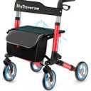 Foldable Rollator Walker with Seat, Standard Height Lightweight Rollator with Large Wheels, Folding Rolling Walker for Seniors, Walker Rollator with Seat, Red