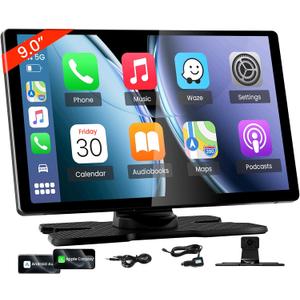 TECXERLLON 9.0'' Wireless Carplay Screen for Car, Portable Car Stereo with Apple Carplay & Android Auto, Car Audio Receivers with GPS Navigation, Mirror Link, Screen for All Vehicles(No Camera)