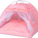 Cat Princess Indoor Tent House - Dog House Indoor/Outdoor Lace Mesh Breathable Windows Door Curtains Removable Portable Cave Nest Bed Bunny and Puppy (Pink, S)