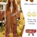 SOMSOC 7 Pieces 70s Women Hippie Costume Fringe Vest Bag Pant Headband for Halloween L