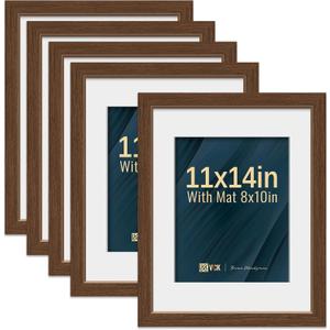 VCK 11x14 Picture Frame 5 Pack - Brown, High-End Wood Poster Frames with Tempered Glass, Display 8x10 Photo with Mat or 11x14 without Mat, Art Gallery-Quality, Wall Hanging, Brown