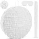 White Round Pinata with Stick Blindfold and Confetti DIY Blank Pinata for Adults Kids Birthday Party Supplies Carnivals Thanksgiving Decorations