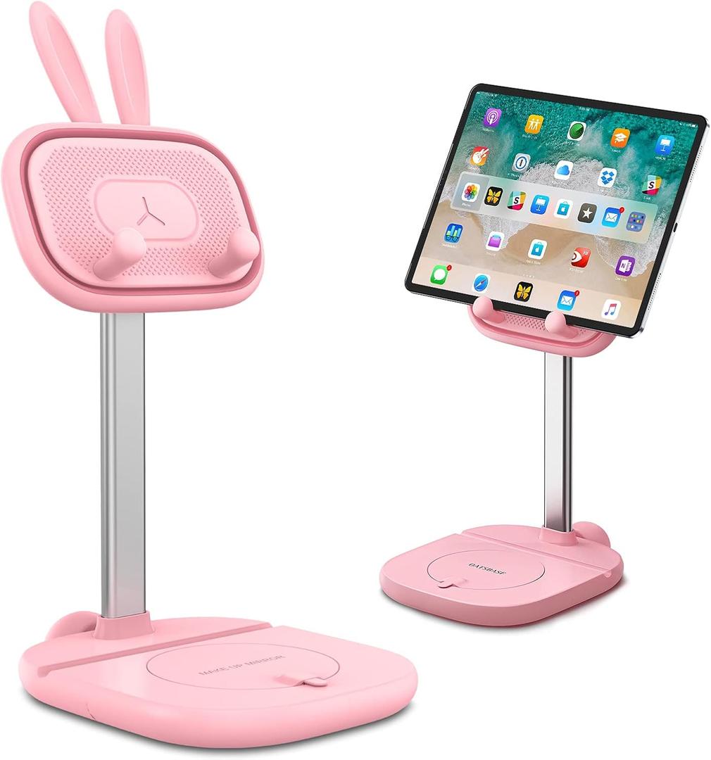 OATSBASF Cute Bunny Tablet Stand for Desk, Adjustable Height Stand Holder Dock Compatible with iPad, Pro 9.7, 10.5, 12.9 Air Mini, Kindle, Nexus, Tab, E-Reader (4-13") (Pink Plus)