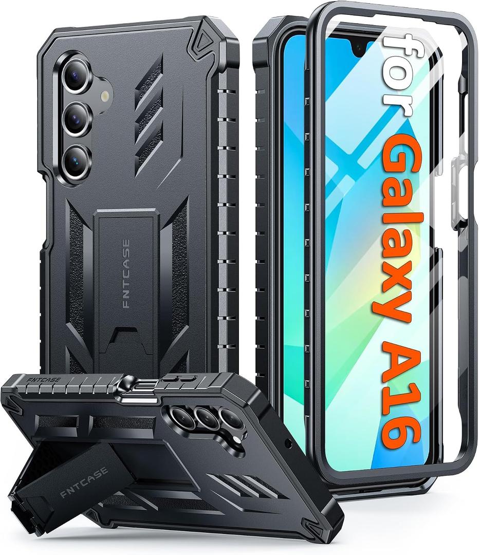 FNTCASE for Samsung Galaxy A16 5G Case: with [Built-in Screen Protector & Kickstand] [Military-Grade Drop Protection] Heavy Duty Protective Full Body Shockproof TPU Phone Cover Black