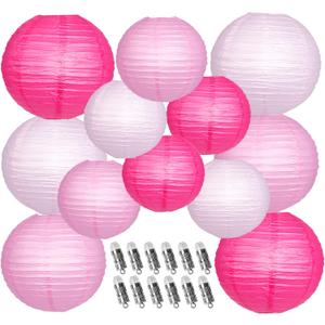 Paper Lanterns Decorative, Pink Hanging Round Chinese Lanterns with Lights for Engagement Bachelorette Birthday Party 12 LED Light Pack of 12