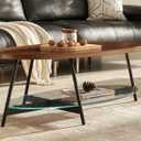 Shrine Glass Coffee Table, Black Walnut Table for Living Room, Glass and Wood Table, 43.3" D x 21.6" W x 15.7" H, Clear Glass Base, Walnut Wood Top&Black Metal Frame