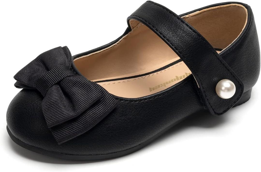 FUNKYMONKEY Toddler/Little Girl Mary Jane Dress Shoes Casual Slip on Ballet Flat (10 Toddler, Black Bowknot)