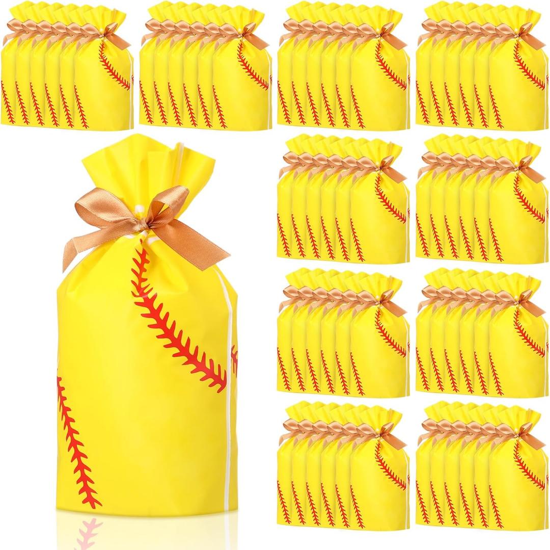 SilTriangle 50 Pcs Softball Party Gift Bags for Team Girls Plastic Softball Snack Bag Goodie Bags with Drawstring for Daughter's Game Party Supplies