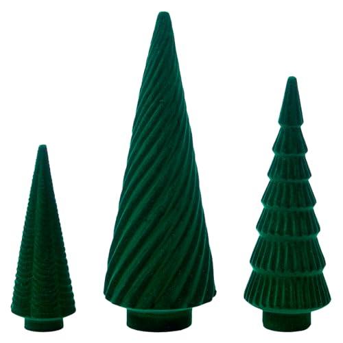 DN DECONATION Set of 3 Flocked Velvet Christmas Trees, Green Tabletop Xmas Tree Decor with Pine, Swirl & Wave Designs Mini Christmas Figurines for Mantel, Desk, Holiday Centerpiece