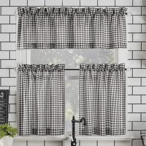 No. 918 Parkham Farmhouse Plaid Semi-Sheer Rod Pocket Kitchen Curtain Valance and Tiers Set, 54" x 24", Black/White
