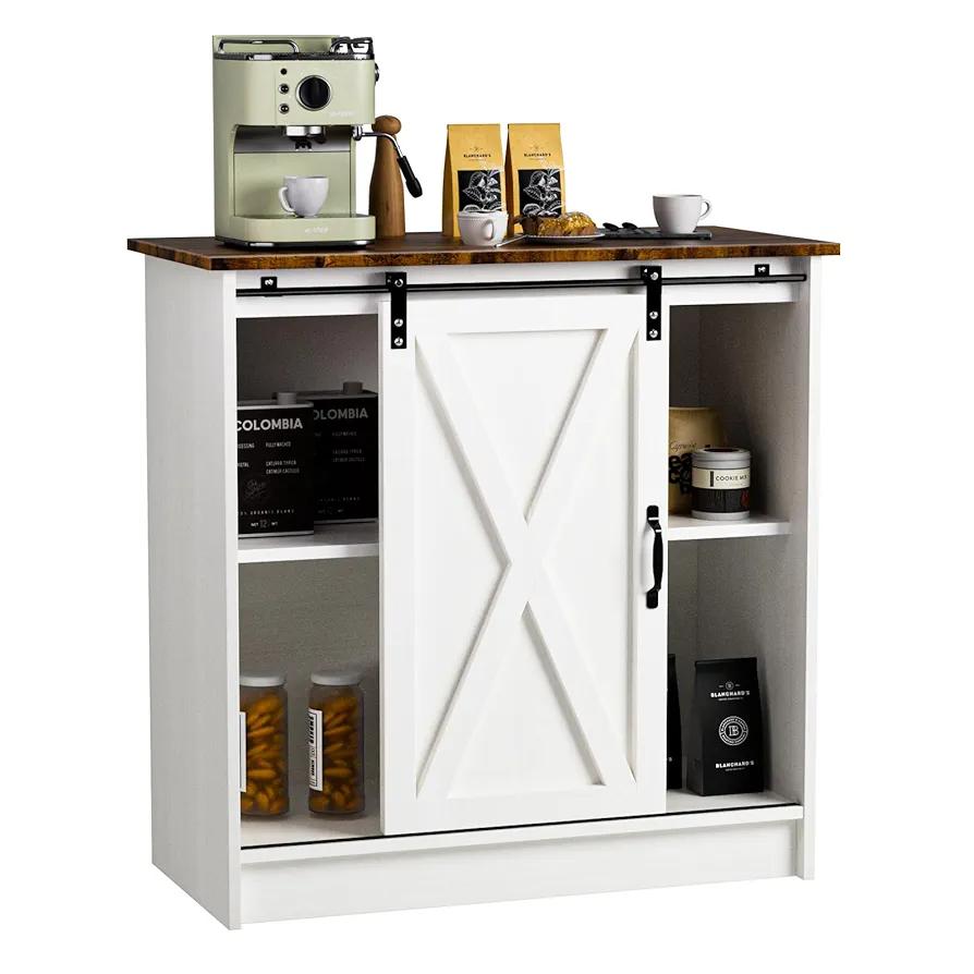 White Coffee Bar Cabinet with Storage, Farmhouse Coffee Bar Cabinet Table with Sliding Barn Door, Adjustable Shelves, for Kitchen, Dining Room, Living Room