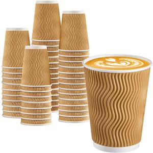 BYSNOW 100 Pack 12 oz Coffee Cups, Disposable Insulated Hot Cups To Go Paper Coffee Cups, Corrugated Ripple Wall Cup for Hot Drink, Office, Coffee Bar (Champagne 12 oz)