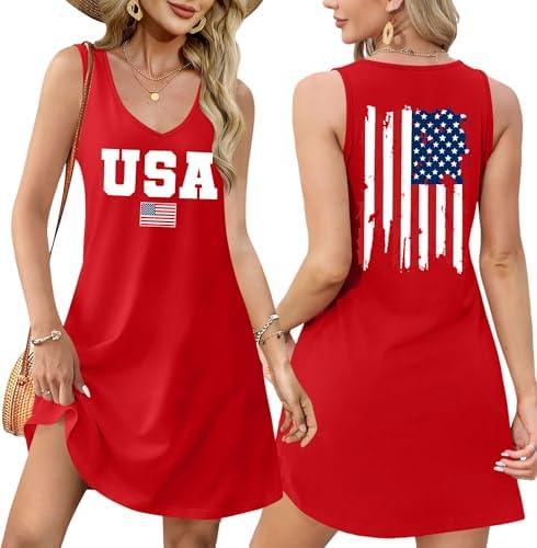 4th of July Dress for Women: American Flag Tank Dresses Star Striped Splicing Loose V Neck Sundresses, Size M