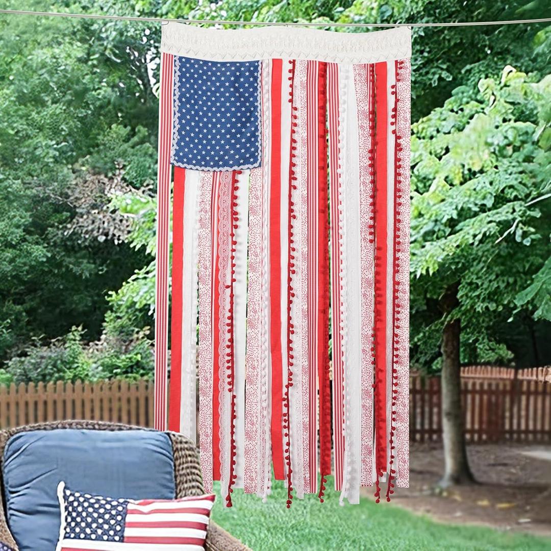 4th of July Decorations - Vintage American Flag 4 x 2.3 Ft Rustic Rag Ribbon Flag Banner - Patriotic Flag & Independence Day Decor for Home Mantel Party Vintage 4th of July Decorations for Outside Yard Porch