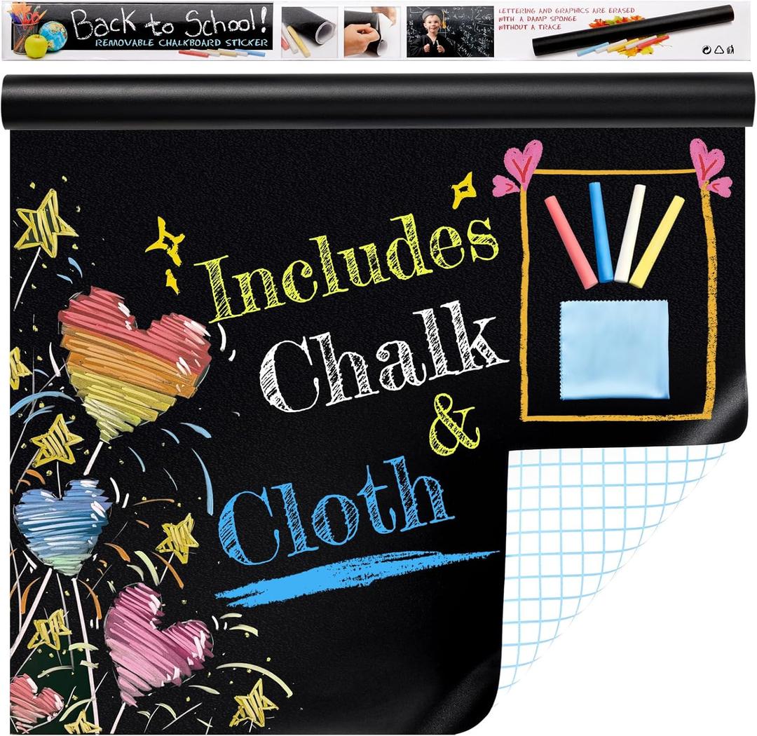 Chalkboard Wallpaper Peel and Stick, 35.4"x118.1" Blackboard Contact Paper Self Adhesive, Vinyl Chalk Board Wall Sticker with 8 Colorful Chalks & 1 Rag