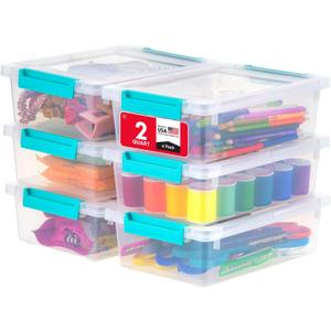 IRIS USA 2 Qt. Craft Storage Bins with Lids, 6-Pack, |Made in USA|, Clip Box, Small Plastic Sensory Bin Tote Organizer Containers for Art Supplies, Paper, & Office, Stackable - Clear/Seafoam Blue
