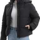 PUFFIT Women's Cropped Puffer Jackets,Warm Winter Jacket with Removable Hood,Zipped Pockets,Short Ladies Quilted Coat, Black, L