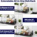 Large Dish Drying Rack, Expandable Dish Rack for Kitchen Counter, Dish Drainer with Drainboard Set, Multifunctional Dishrack with Utensil & Cup Holder, 13.4"-28.7" L x 11.8" W x 9.3" H, Black