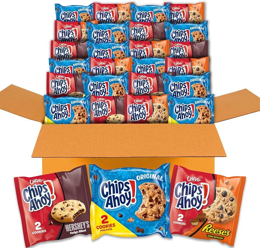 CHIPS AHOY! Cookies Variety Pack, Original Chocolate Chip, Chewy Chocolate Chip with Reese's Peanut Butter Cups & Chewy Hershey's Fudge Filled Soft Cookies, 50 Snack Packs, Best By: 01/03/2026
