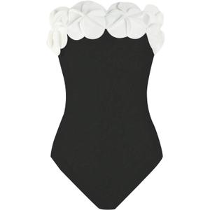 GORGLITTER Women's 3D Floral Strapless One Piece Swimsuit Sexy Tummy Control Bandeau Cheeky Bathing Suit Swimwear 2026 (Large, Black)