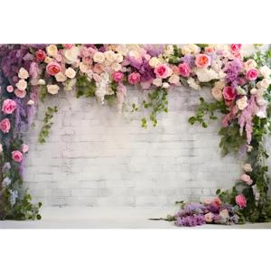 YongFoto Retro White Brick Wall Floral Arch Backdrop 8x6.5ft Rose Flowers Vine Leaves Photography Background Birthday Bridal Shower Wedding Party Banner Room Decor Portraits Photoshoot Wallpaper