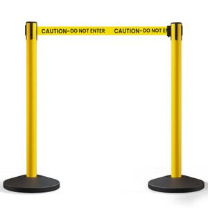 Crowd Control Warehouse Set of 2 Stanchion Retractable Belt Barriers, 11 Foot 'Caution Do Not Enter' Belt Barrier with 40 Yellow Posts, Barriers with Heavy Duty Concrete Base, CCW Series RBB-100