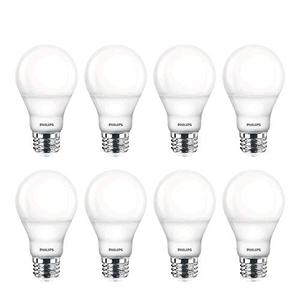 Philips LED 538322 LED Dimmable A19 Soft White Light Bulb with Warm Glow Effect: 800-Lumen, 2700-2200-Kelvin, 9.5-Watt, E26 Base, Frosted, 8-Pack