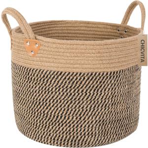 CHICVITA Wicker Laundry Basket With Handles, Storage Baskets for Decor, Rope Basket for Blankets, Toys, Clothes, Shoes, Plant Basket for Living Room, 14" X 14" X 12" (Black)