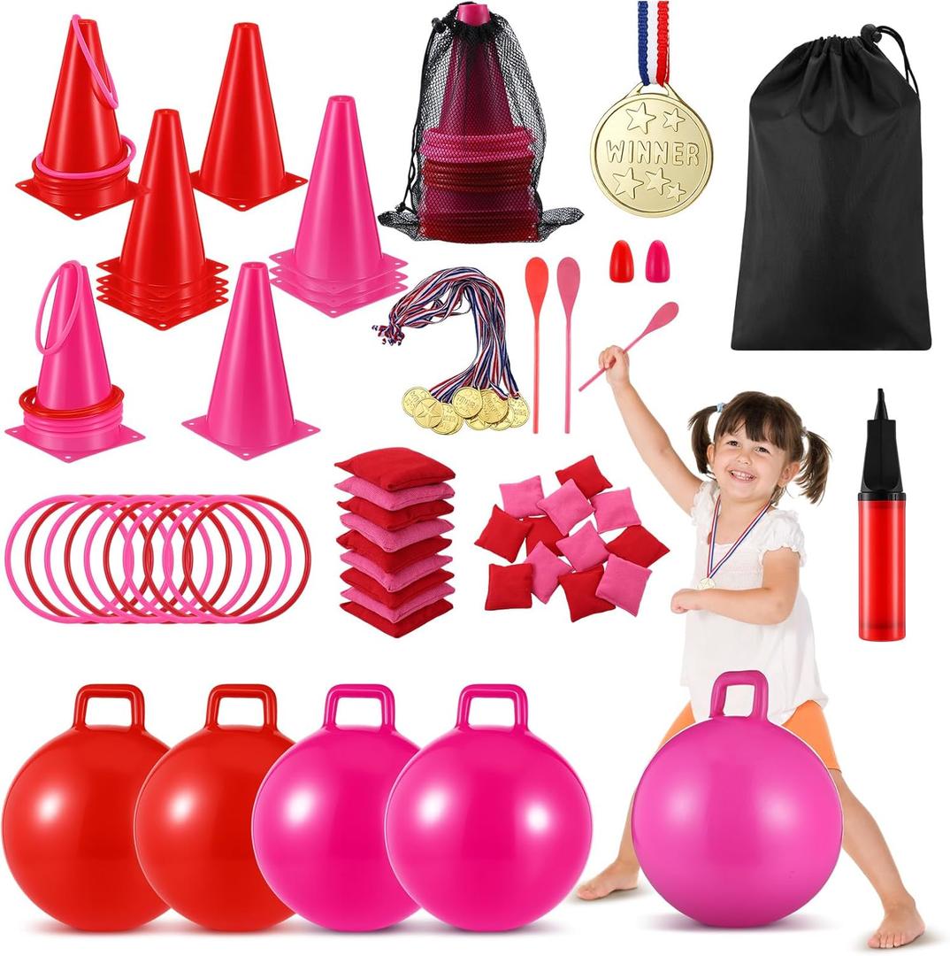 Sotiff 55 Pcs Valentine's Day Games for Kids Carnival Activity Galentine Games with Hopper Balls, Ring Toss, Bean Bags, Egg Spoon Relay Race for Classroom Indoor Outdoor Family Party Yard Supplies