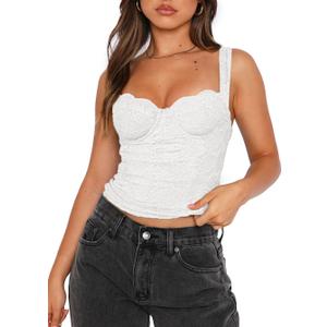 REORIA Women's Summer Fashion Sexy Square Neck Sleeveless Cute Trendy Going Out Lace Bustier Crop Tank Tops White Medium